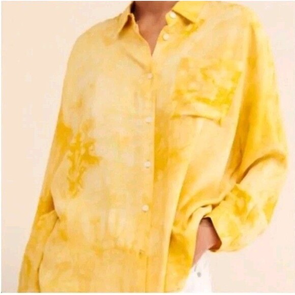 NWT Caara Women Long Sleeve Button Down Shirt Blouse Top Yellow Tie Dye Sz Large - Picture 1 of 10
